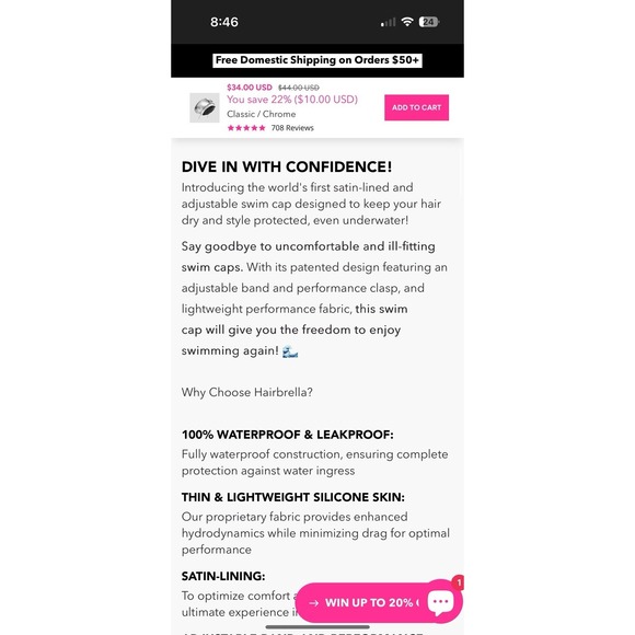 Hairbrella Satin-Lined Waterproof, Adjustable Swim Cap Chrome Silver New W Tags - Picture 13 of 14